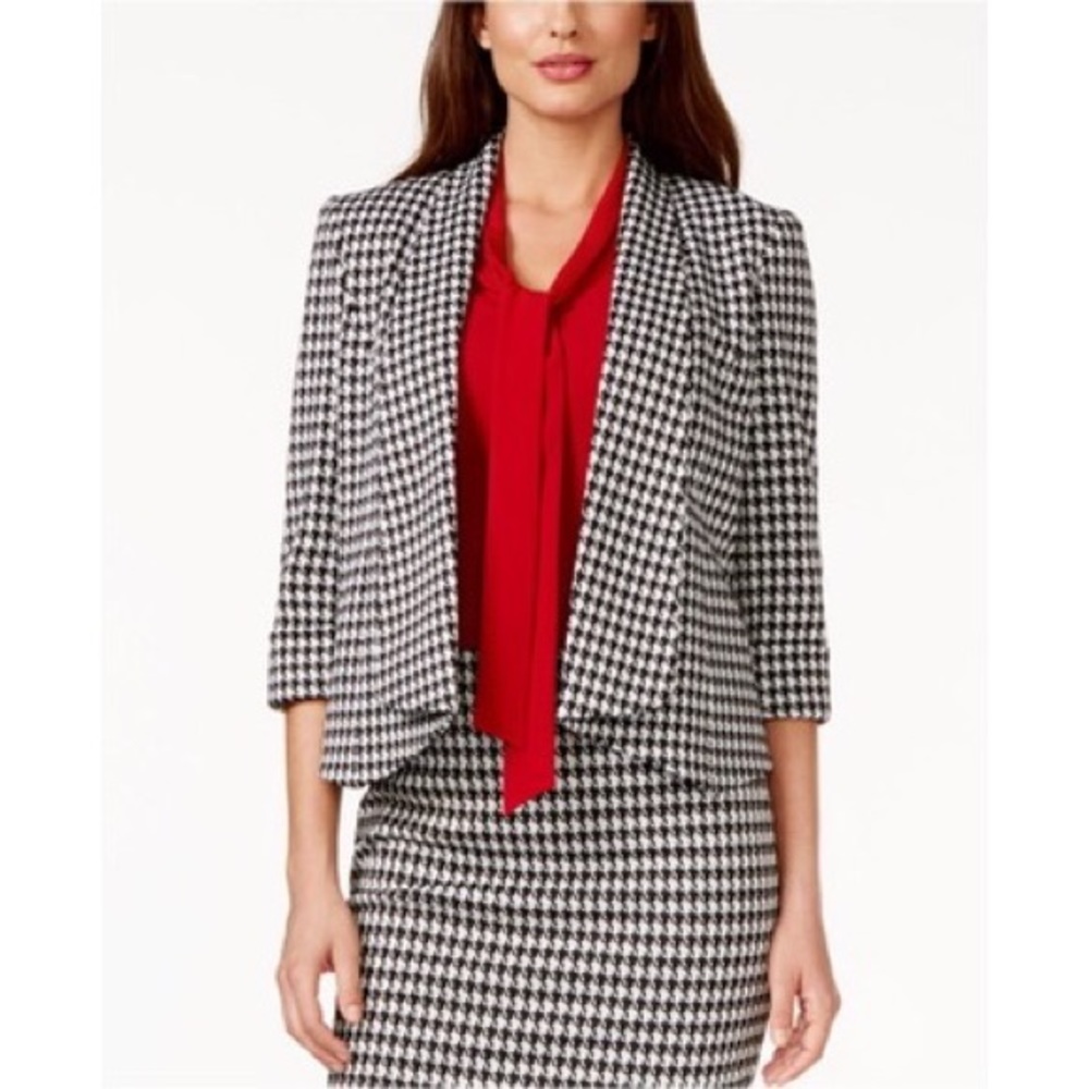 Kasper Black & White Houndstooth Blazer with Red Accent
